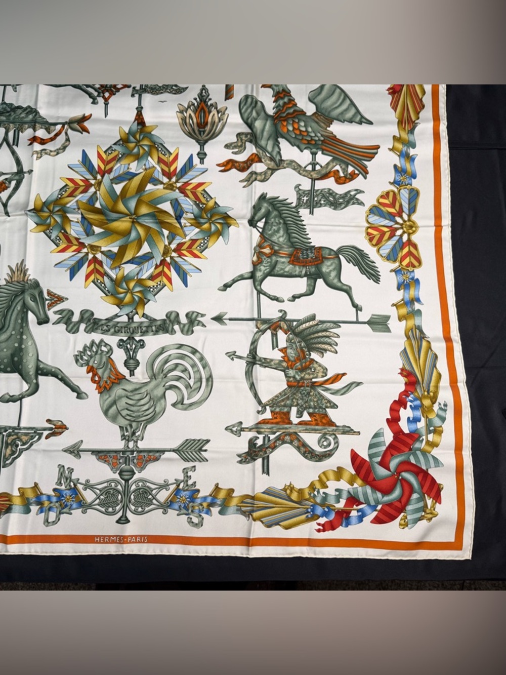 Hermes Silk Scarf Les Girouettes Wind Spinner Weather Vane Pinwheel Green White - Picture 2 of 12